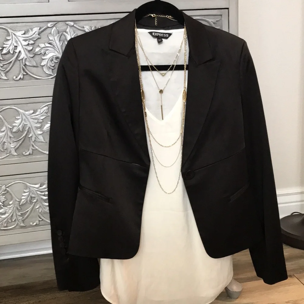 BCBG Satin Blazer Feminine Tuxedo with a Twist Black